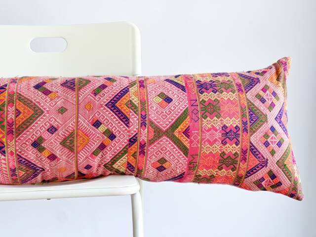 Vintage Embroidered Silk Textile Ethnic Piece Of Tradition Costume Lumbar Pillow Cover - image 1