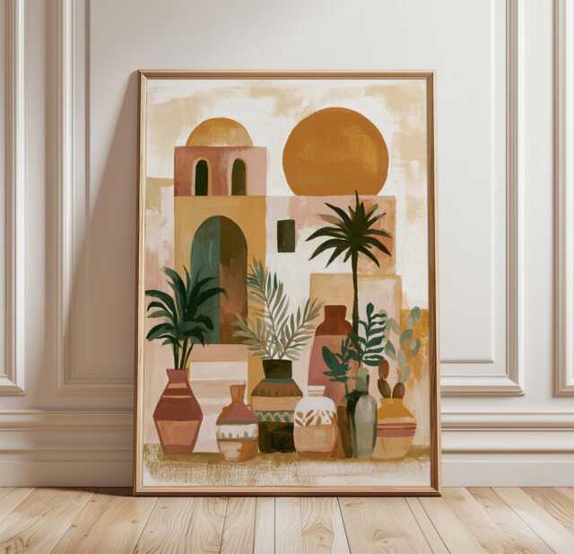 Boho Desert Courtyard Poster, Mediterranean Wall Art, Terracotta Decor - image 1