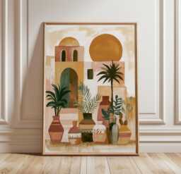 Boho Desert Courtyard Poster, Mediterranean Wall Art, Terracotta Decor - thumbnail 1