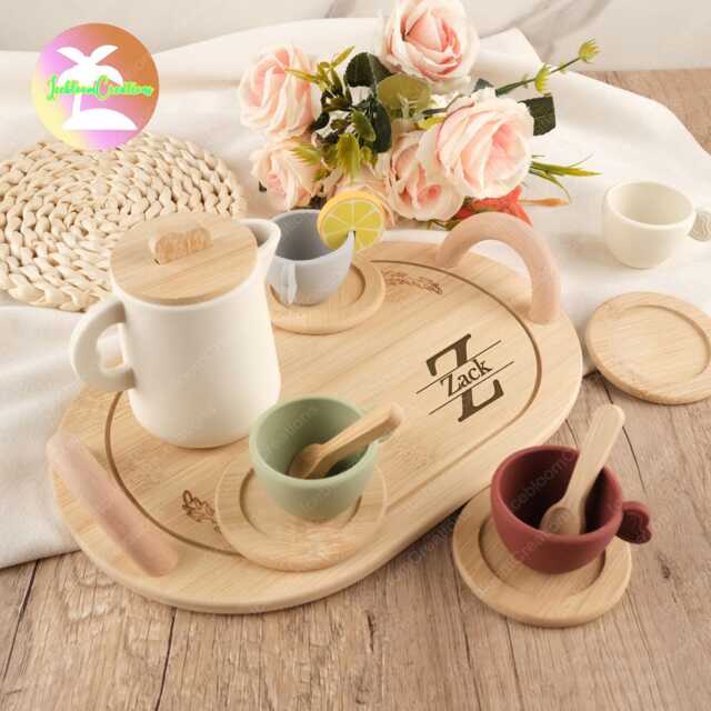 Personalised Silicone Afternoon Tea Set, Engrave Wooden Toddler Play Set, Custom Set, Tea Set, Pretend Toy, Montessori Toy, Toddler Gift - image 1