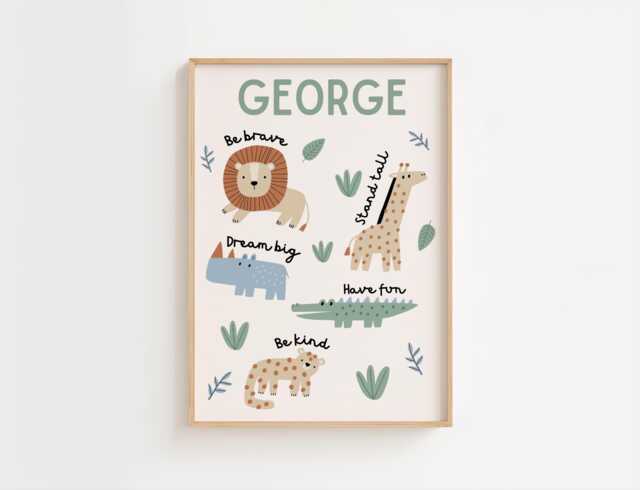 Safari Nursery Decor, Prints, Personalised Wall Art, Baby Boy Gift, Lion Print, Playroom Boys Bedroom Prints - image 1