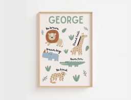 Safari Nursery Decor, Prints, Personalised Wall Art, Baby Boy Gift, Lion Print, Playroom Boys Bedroom Prints - thumbnail 1