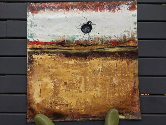 Raven Art Floorcloth Abstract Crow Painting, Durable Canvas Rug - image 1