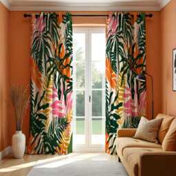 Green Tropical Leaf Curtains, Orange & Pink Bold Botanical Print Drapes, Custom Made Window Panels For Living Room Or Bedroom - thumbnail 2