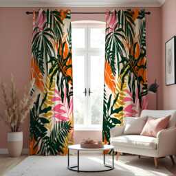 Green Tropical Leaf Curtains, Orange & Pink Bold Botanical Print Drapes, Custom Made Window Panels For Living Room Or Bedroom - thumbnail 1