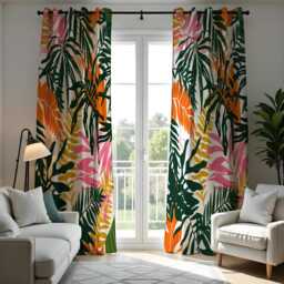 Green Tropical Leaf Curtains, Orange & Pink Bold Botanical Print Drapes, Custom Made Window Panels For Living Room Or Bedroom - thumbnail 4