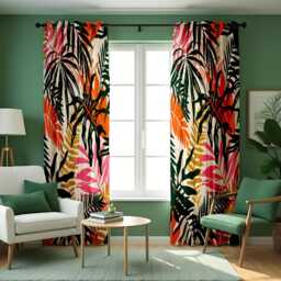 Green Tropical Leaf Curtains, Orange & Pink Bold Botanical Print Drapes, Custom Made Window Panels For Living Room Or Bedroom - thumbnail 3
