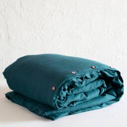 Peacock Linen Duvet Cover, Coconut Button Closure, Blue Green Covers - thumbnail 2