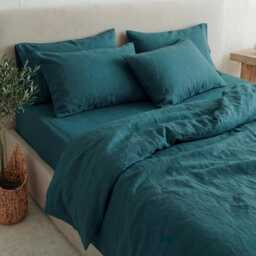 Peacock Linen Duvet Cover, Coconut Button Closure, Blue Green Covers - thumbnail 1