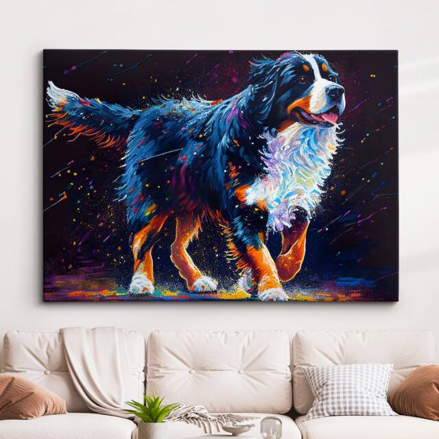 Colorful Bernese Mountain Dog Pet Abstract Modern Oil Painting Wall Art, Framed Canvas Poster Print, Home Kitchen Office Room Decor, Gifts - image 1