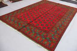 6'4x9'3 Ft Handmade Red Rug, Afghan Bukhara Tribal Veg Dyes Wool Area High Pile Soft Carpet, Oriental Turkmen Living Room Rug - thumbnail 1