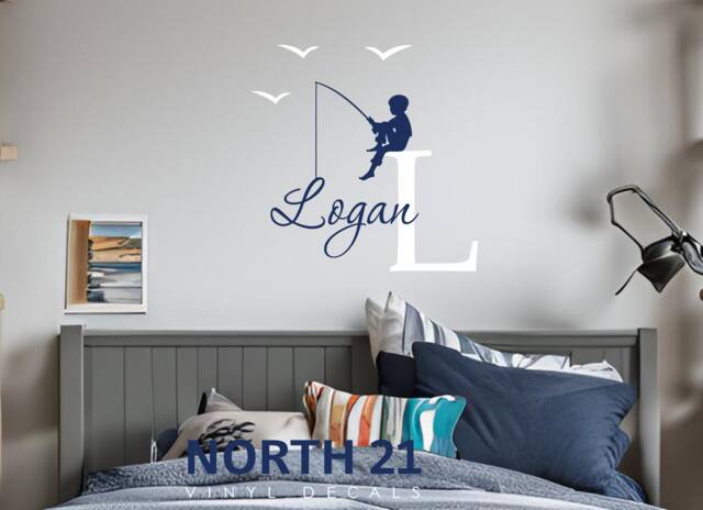 Fishing - Wall Decal Boys Name Children Decals Personalized Art Nursery Wall Decal Decor - image 1