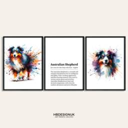 Australian Shepherd Prints - Set Of 3 Posters - Watercolor Definition Wall Art Colourful Painting Room Decor Pet Artwork Gift - thumbnail 2