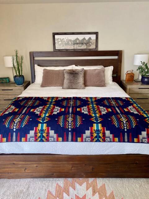 Navy Blue Southwestern Throw Blanket Queen Western Style Comforter Reversible Woven Native Boho Bedspread Alpaca Wool Aztec - image 1