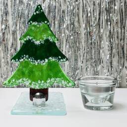 Fused Glass Christmas Tree Ornament in Stand-Up Mount, With Candle Holder, Handmade Artwork - thumbnail 3