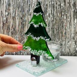 Fused Glass Christmas Tree Ornament in Stand-Up Mount, With Candle Holder, Handmade Artwork - thumbnail 1
