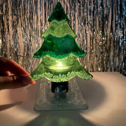 Fused Glass Christmas Tree Ornament in Stand-Up Mount, With Candle Holder, Handmade Artwork - thumbnail 2