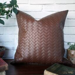 Wicker Mesh Faux Leather Pillow Cover - Modern Scandinavian Decor, 16x16 Inch - thumbnail 2