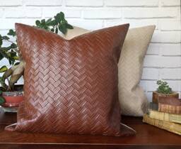 Wicker Mesh Faux Leather Pillow Cover - Modern Scandinavian Decor, 16x16 Inch - thumbnail 1