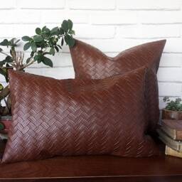 Wicker Mesh Faux Leather Pillow Cover - Modern Scandinavian Decor, 16x16 Inch - thumbnail 3