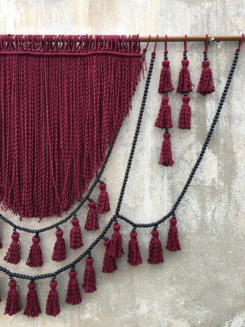 Red Wall Hanging With Black Beads, Macrame Boho Decor - image 1