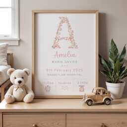 New Baby Girl Personalised Print Birth Details Keepsake Gift, Newborn Nursery Decor, Pink Flower - thumbnail 2