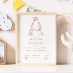 New Baby Girl Personalised Print Birth Details Keepsake Gift, Newborn Nursery Decor, Pink Flower - thumbnail 1