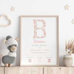 New Baby Girl Personalised Print Birth Details Keepsake Gift, Newborn Nursery Decor, Pink Flower - thumbnail 3