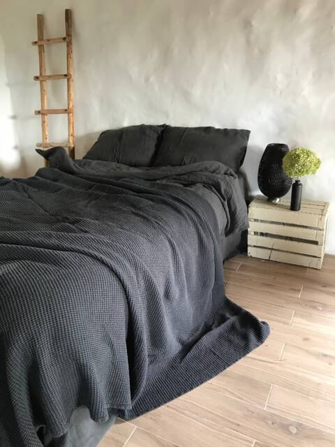 Dark Grey Blanket, Linen & Cotton Blend Blanket, Voluminous Throw, Natural Coverlet, Daybed Blanket Black Throw - image 1