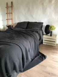 Dark Grey Blanket, Linen & Cotton Blend Blanket, Voluminous Throw, Natural Coverlet, Daybed Blanket Black Throw - thumbnail 1