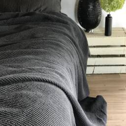 Dark Grey Blanket, Linen & Cotton Blend Blanket, Voluminous Throw, Natural Coverlet, Daybed Blanket Black Throw - thumbnail 2