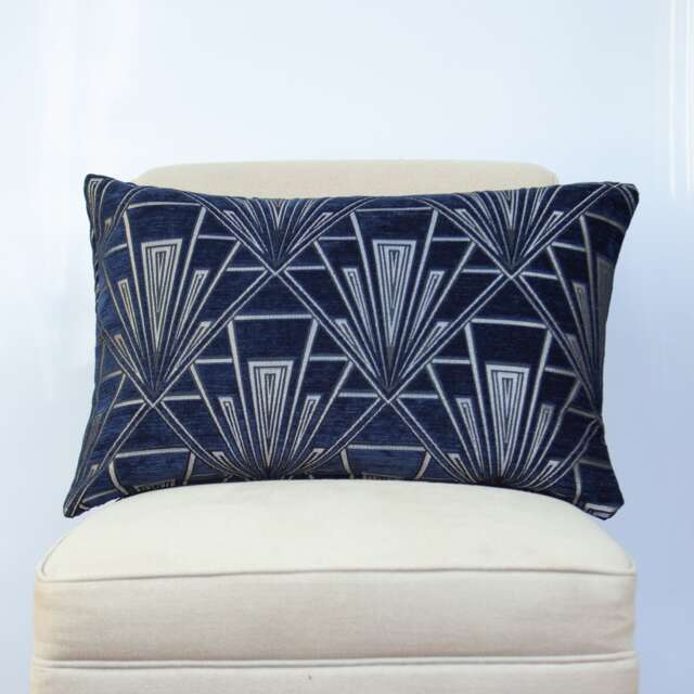 Art Deco Xl Rectangular Cushion. Double Sided Luxury Velvet Chenille. Navy Blue & Silver. Geometric Bold Design. 20S/30S Style. 23X15 - image 1