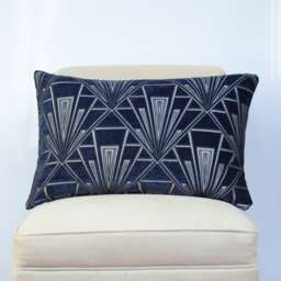 Art Deco Xl Rectangular Cushion. Double Sided Luxury Velvet Chenille. Navy Blue & Silver. Geometric Bold Design. 20S/30S Style. 23X15 - thumbnail 1