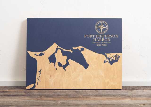 Port Jefferson Harbor, New York Map - Engraved Wood Coastal Chart Wall Art Sign, Beach Home Decor Nautical Print, Personalized Family Gift - image 1