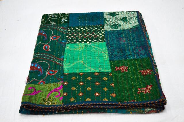 Cotton Sari Patchwork Kantha Quilt Indian Queen Size Bohemian Blanket Bedspread Sofa Decor Throw - image 1