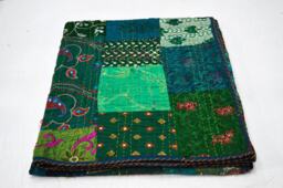 Cotton Sari Patchwork Kantha Quilt Indian Queen Size Bohemian Blanket Bedspread Sofa Decor Throw - thumbnail 1