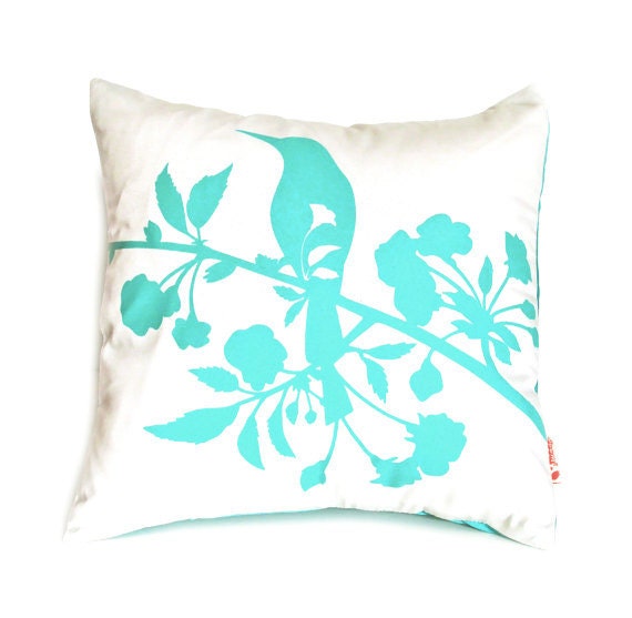 Mint Green Print On Off White Blooming Blossom-Mini 10.5 Inches Square Pillow - image 1