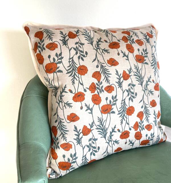 Floral Print Linen Pillow - Orange & Green Poppy Flower Printed Decorative - image 1