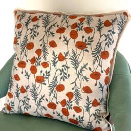 Floral Print Linen Pillow - Orange & Green Poppy Flower Printed Decorative - thumbnail 3