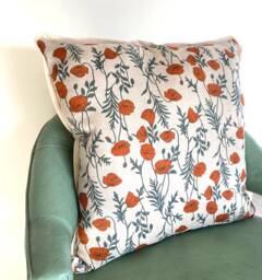 Floral Print Linen Pillow - Orange & Green Poppy Flower Printed Decorative - thumbnail 1