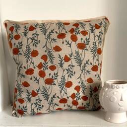 Floral Print Linen Pillow - Orange & Green Poppy Flower Printed Decorative - thumbnail 2