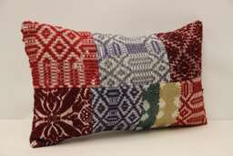 Handmade Vintage Turkish Wool Lumbar Pillow Cover, Boho Cushion - 12x20 In