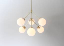 Modern Globe Chandelier - Sputnik Brass Pendant Lighting Fixture Six Frosted White Glass Globes Kitchen Island Dining Table