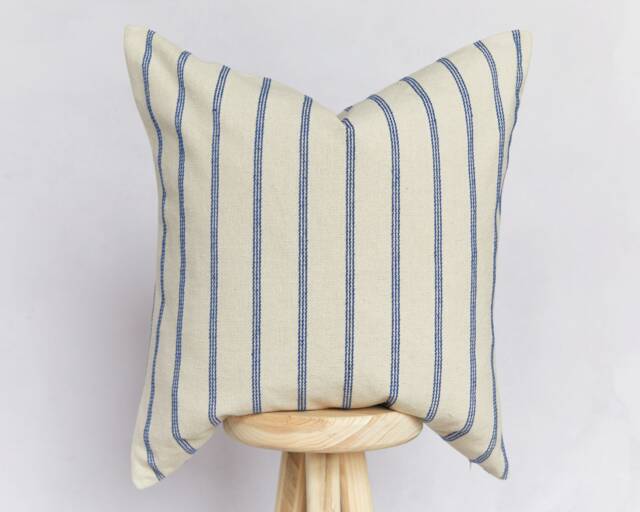 Handmade Beige & Dark Blue Coastal Striped Cushion Cover - Stripe Farmhouse Country Pillow - image 1