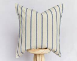 Handmade Beige & Dark Blue Coastal Striped Cushion Cover - Stripe Farmhouse Country Pillow - thumbnail 1