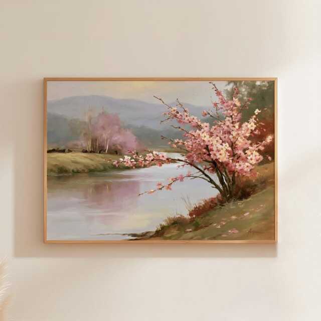 Pink Blossom Poster, River Landscape Print, Nature Wall Art, Paper - image 1