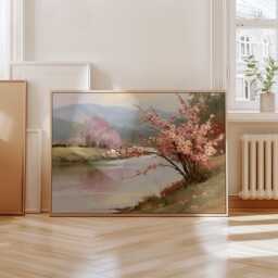 Pink Blossom Poster, River Landscape Print, Nature Wall Art, Paper - thumbnail 4