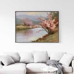 Pink Blossom Poster, River Landscape Print, Nature Wall Art, Paper - thumbnail 3