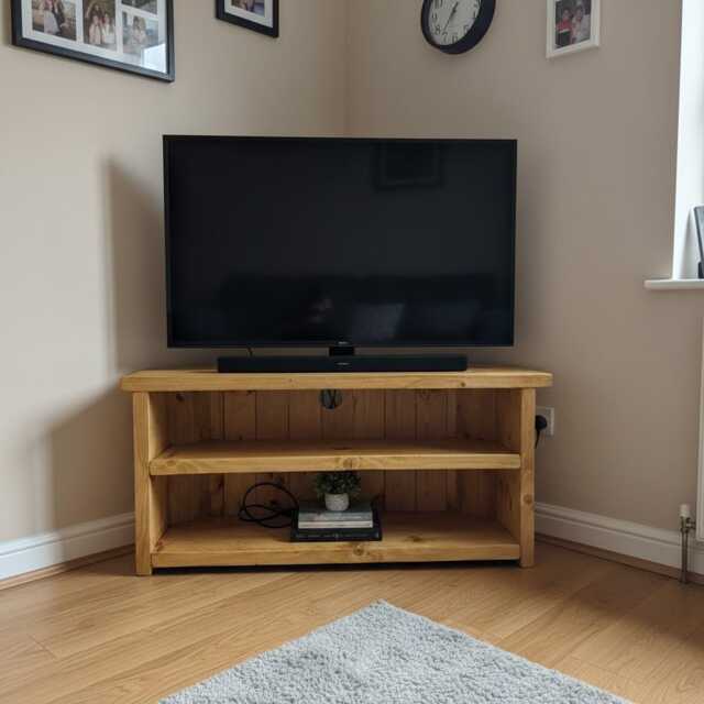 Rustic Handmade Corner Tv Stand With Shelves & Back - image 1
