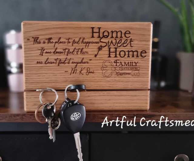 Personalized Oak Wood Key Holder - Wall-Mounted Rack With Engraving Home Sweet Gift - image 1